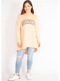 Resim Kadın Somon Büyük Beden Payet Detaylı Kapşonlu Arkası Uzun Sweatshirt-yeşil Yeşil 