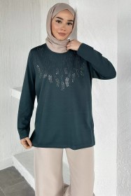 Resim Taşlı Tesettür Anne Penye Bluz Petrol TZL-P-00021461 