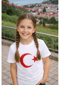 Resim Kız Kısa Kol Beyaz Çocuk Bayrak Ay Yıldızlı 23 Nisan 29 Ekim 10 Kasım Gösteri Özel Tişört 