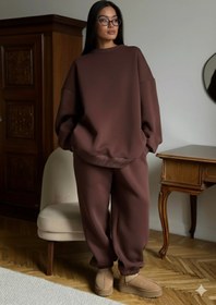Resim Kadın Double Oversize Eşofman Takımı Basic Kahverengi - Bisiklet Yaka, Lastikli Paça, 3 İplik Polar - XS / Kahverengi 