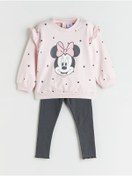 Resim LC Waikiki Pembe Bisiklet Yaka Minnie Mouse Baskılı Kız Bebek Sweatshirt ve Tayt 2'li 