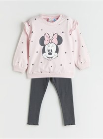 Resim LC Waikiki Pembe Bisiklet Yaka Minnie Mouse Baskılı Kız Bebek Sweatshirt ve Tayt 2'li 