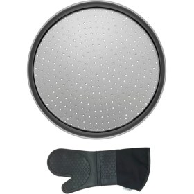 Resim Kitchen Design Lab Orta Boy Delikli Pizza Tepsisi Lahmacun Pide Tepsisi 32 cm ve Gri Silikon Yanmaz Fırın Eldiveni 