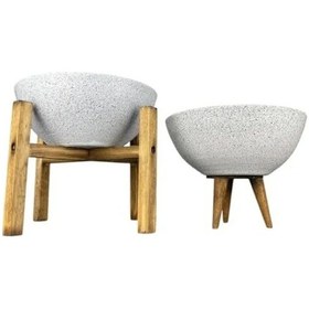 Resim Beyaz Granit 3-4 Ayaklı İkili Set Toprak Saksı 20 Cm Çap 