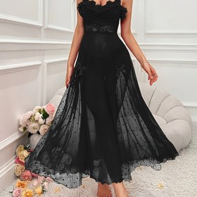Resim Kadınlar için Şık Polyester Uyku Elbisesi - Dantel Detaylı, Kurdeleli ve Puantiyeli Desenli Her Mevsim Straplez Bornoz - Dokuma, Yetişkin Bedeni 