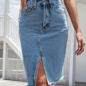 Resim Yüksek Bel Esnek Denim Midi Etek, Ham Kenar - Açık Mavi, Sıkılaştırılmış Bel, Akışkan A-Şekilli Siluet, Bahar/Yaz/Sonbahar İçin Mükemmel, Rahat Kıyafetlerden Elbiseye Kadar, Çok Yönlü Moda Parçası | Yüksek Bel Etek | Esnek Kumaş 