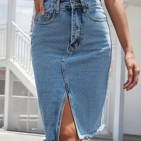 Resim Yüksek Bel Esnek Denim Midi Etek, Ham Kenar - Açık Mavi, Sıkılaştırılmış Bel, Akışkan A-Şekilli Siluet, Bahar/Yaz/Sonbahar İçin Mükemmel, Rahat Kıyafetlerden Elbiseye Kadar, Çok Yönlü Moda Parçası | Yüksek Bel Etek | Esnek Kumaş 