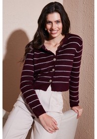 Resim Lela Standart Fit Çizgili Yumuşak Dokulu Crop Triko Bayan Hırka 4615551 Bordo 