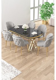 Resim Canisa Zae Serisi 90x168 Lak Panel Siyah Mermer Desen Gold Ayak Masa Takımı 6 Gri Sandalye Masa Siyah Mermer Desen Sandalye Gri 