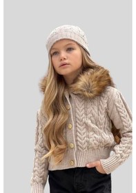 Resim Triko Hırka Kot Pantolon Ve Bereli Kız Takım Krem 