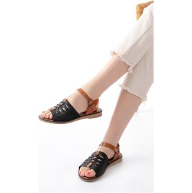 Resim 205-029 Siyah Ortopedik Hakiki Deri Kadın Sandalet Altın - Taba 