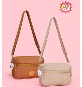 Resim Westbag Kadın Çapraz Askılı Üç Gözlü Fermuarlı Krinkıl Günlük Omuz Çantası 2'li Set Bej - Taba 