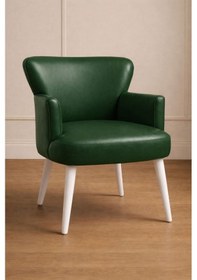 Resim Waterybrook Tekli Berjer Koltuk - Suni Deri - Beyaz Ahşap Ayaklı - Modern Retro Tasarım - Ofis Ve Salon Koltuğu Yeşil 