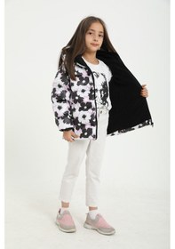 Resim First Steps Kız Çocuk Beyaz Mor Çiçek Desen İçi Polar Su Ve Rüzgar Geçirmez Kapüşonlu Cepli Şişme Kışlık Mont Beyaz 