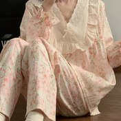 Resim Kadınlar için Çiçek Desenli Pijamalar İlkbahar Sonbahar V-Yaka Pastel Prenses Stili Sevimli Dantel Ev Giyimi, Sonbahar ve Kışta Dışarıda Giymeye Uygun 