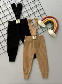 Resim Sparrow Laurel Siyah/toprak Ikili Set Yüksek Bel Önden Çapraz Askılı Fitilli Unisex Bebek Triko Tayt Pantolon 