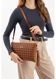 Resim Sanmorris Kadın Suni Deri Taba Renkli Ayarlanabilir Çapraz Ve El Askılı Portföy, Clutch Çanta Taba 