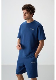 Resim Tommy Life Parlament Pamuklu Kalın Yumuşak Dokulu Oversize Fit Nakışlı Erkek Şort Takım - 85250 Lacivert 