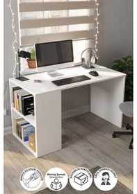 Resim 60x120 Cm Smyrna Çalışma Masası Kitaplıklı Ofis Masası Bilgisayar Masası Beyaz Beyaz 