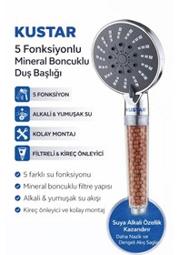 Resim 5 Fonksiyonlu Mineral Boncuklu Duş Başlığı Alkali & Yumuşak Su Teknolojisi Siyah 