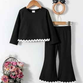 Resim Kızlar için Günlük Düz Renk Uzun Kollu Üst ve Geniş Paça Pantolon Takımı, Polyester Karışımı, Makinede Yıkanabilir - İlkbahar/Sonbahar, Dış Mekanlar İçin Mükemmel 