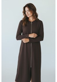 Resim Kadın Önü Fermuarlı Kolu Manşetli Gizli Cepli Mevsimlik Kap Kahverengi 