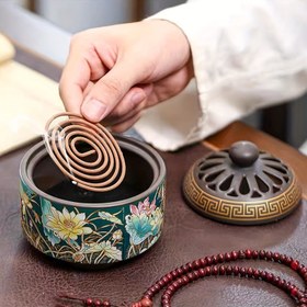 Resim 1 adet Büyük Emaye Renkli Seramik Çiçek Desenli Tütsü Tutucu - Sandal Ağacı, Agar Ağacı, Spiral ve Kule Tütsüleri için Zarif Ev Dekor Aksesuarı, İdeal Yaratıcı Hediye, Tütsü Tutucu 