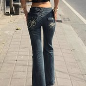 Resim Kadın Y2K Nakışlı Flare Kot - Esnek Denim, Yüksek Bel, Uzun Boy, Rahat Sokak Giyimi, Siyah, Tüm Mevsim Konforu, Yüksek Bel Kot 