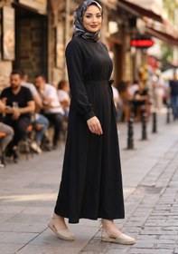 Resim adamila Kadın Siyah Saten Tesettür Abiye Elbise Uzun Kollu Kuşaklı Düğün Nişan Özel Gün Tesettür Elbise 