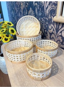 Resim Evdema Çok Amaçlı Rattan Hazeranlı Krem 5'li Tepsi Seti Ak.jj0006 Krem 