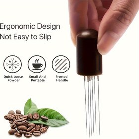 Resim Ahşap Saplı Premium Paslanmaz Çelik Kahve Sıkacağı - Mükemmel Demleme için 6 İğneli Espresso Dağıtım Aracı, Taşınabilir Mini Toz Dağıtıcı & Topak Kırıcı 