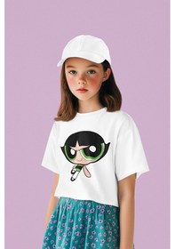 Resim Sevbano Power Puff Girls Buttercup Baskılı Unisex Çizgi Film Çocuk Tişört Beyaz 