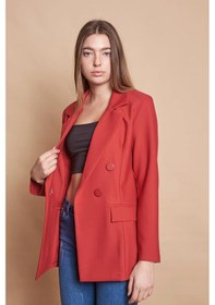Resim Kadın Düğme Detaylı Uzun Kol Şık Ofis Süs Cep Kapaklı Kumaş Blazer Ceket -bordo Bordo 