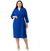 Resim Büyük Beden Kruvaze Yaka Truvakar Kol Pileli Midi Saks Mavi Elbise Saks 