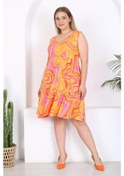 Resim Kadın Turuncu Pembe Ebru Desen Büyük Beden Katlı Elbise Turuncu 