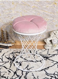 Resim Zafir Yuvarlak Beyaz Boyalı Pembe Puf Oturak - Bench - Ayak Ucu Oturak - Tabure - Makyaj Oturak Pembe 