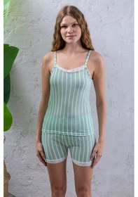 Resim Giysa Kadın Askılı Şortlu Dantel Detaylı Çizgili Pijama Takımı Açık Yeşil - 2031 Açık Yeşil 