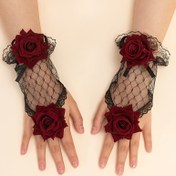 Resim Kırmızı Güller ve Siyah Dantel ile 2 Adet Gotik Tarzı Parmaksız File Eldivenler - Nefes Alabilen Polyester, Makinede Yıkanabilir, Kadınlar için Şık Dekoratif Aksesuar 