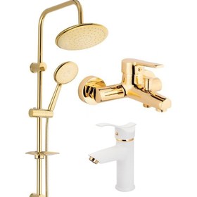 Resim Armilla Armatür Yuvarlak Gold Robot Duş Sistemi Banyo Batarya ve Beyaz Gold Kartal Lavabo Bataryası Musluğu 3’lü Set Gold Yvrk Byz 