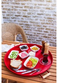 Resim Kitchen Trend 51 CM Ahşap Kulplu Metal Yuvarlak Kırmızı Tepsi . 