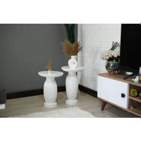 Resim 2'li Çizgili Beyaz Vazo Yan Sehpa Beyaz 