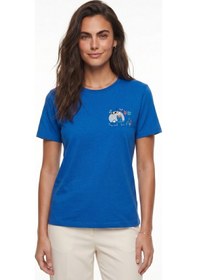 Resim Onloox Kadın Gök Mavisi Gök Mavisi Pamuklu Bisiklet Yaka Kısa Kollu Minimal Nakış Detaylı Günlük T-shirt Mavi 