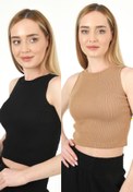 Resim TİODES Kadın Siyah Taş Halter Yaka Fitilli 2'li Crop Bluz 