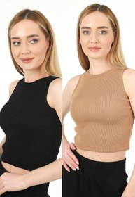 Resim TİODES Kadın Siyah Taş Halter Yaka Fitilli 2'li Crop Bluz 