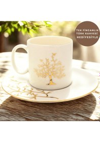 Resim Tulu Porselen Altın Hayat Ağacı Desenli 6 Kişilik Porselen Fincan Takımı Altın 