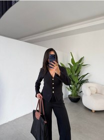 Resim Paw Garage Kadın Selanik Kumaş Ön Düğmeli Ceket & Çimalı Pantolon Takım Siyah 