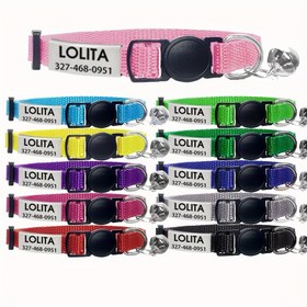 Resim Kişiselleştirilmiş Nylon Kedi Tasma, İsim Levhası ile Katı Renkli Kedi Yavru Tasmaları, Kırılma Güvenlik Tokası ve Çanlı Özel Pet İsim Kimliği Etiketi Kolye Ayarlanabilir Kedi Tasma 