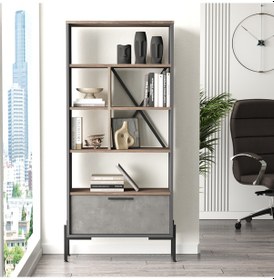 Resim Robinhome Robin Home Berlin D Ofis Kitaplık Metal Ayaklı Kahve-Beton-Antras 