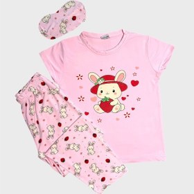 Resim Aliş Kids Anne-kız Çocuk Pamuklu Pembe Tavşan Desenli Kısa Kollu Bisiklet Yaka Yazlık Pijama Takımı 