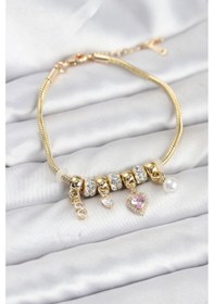 Resim Gold Renk Pembe Kalp Charmlı Kadın Bileklik Pirinç Çok Renkli 
